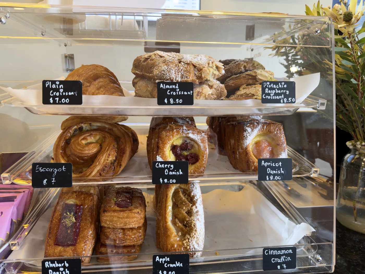Croissants and pastries in the cabinet